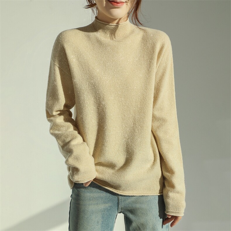 长袖套头纯色2024年秋季半高圆领时尚羊毛针织衫，女装羊毛衫，鹏源羊绒