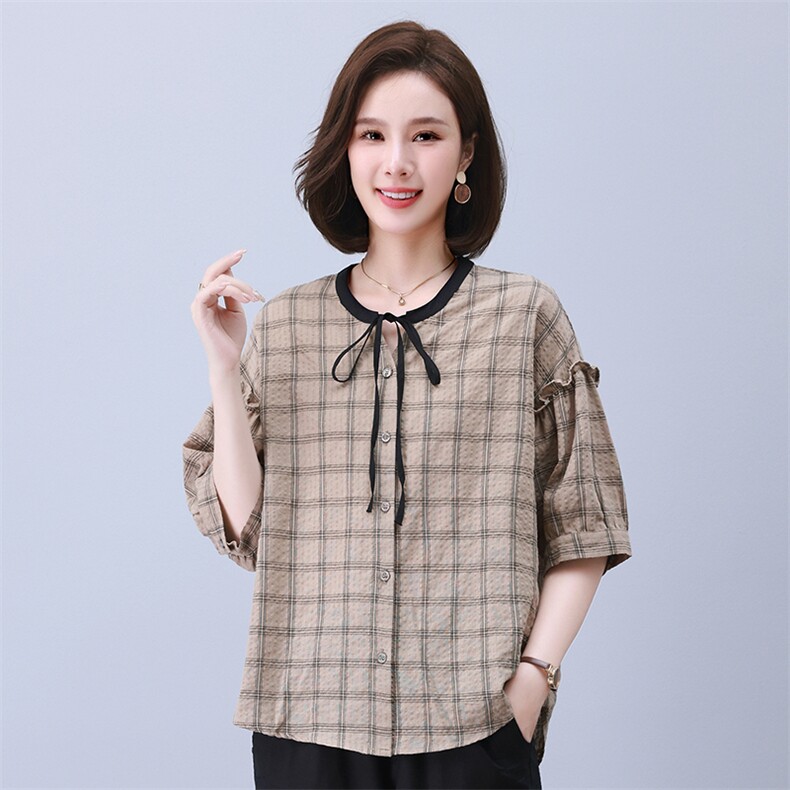 时尚格子宽松抽绳拼接短袖上衣显瘦百搭气质女装衬衫，女装衬衫，叶笙衣