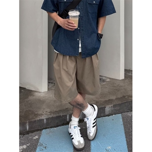夏季宽松休闲日系卡其色短裤百搭打褶松紧腰阔腿五分裤 K3303图片