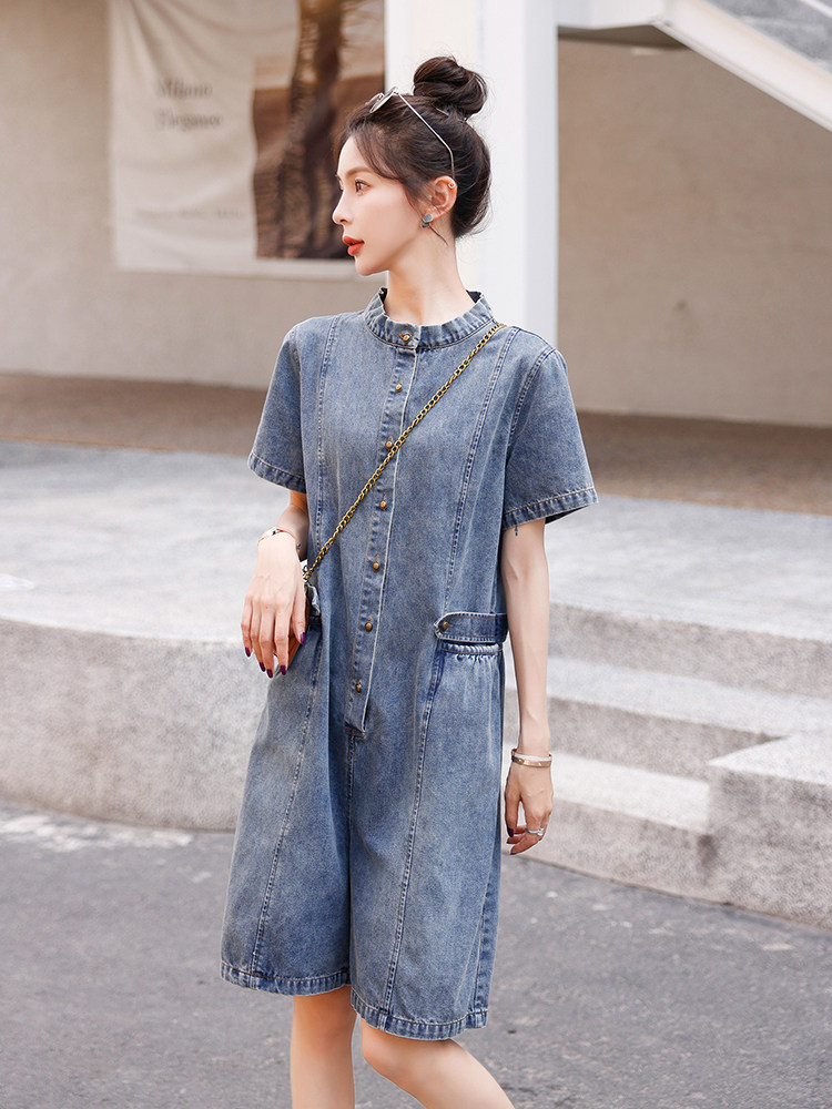 欧货复古气质牛仔连体裤女2025夏季新款休闲宽松阔腿工装连衣短裤,女装连体裤,秋水欣儿