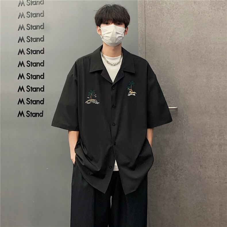 603-1-CY02-特P38控58现货纯色夏威夷椰树刺绣古巴领衬衫男短袖,男装T恤,星座403（原603-1）