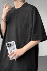 8XL-M亨利领亚麻短袖t恤男弹力大码宽松半袖开衩设计体恤DT002P45，男装T恤，电商B312