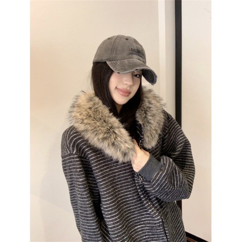网图美式复古条纹毛领连帽卫衣外套女秋季休闲宽松开衫上衣特P79,女装短外套,电商C306-1