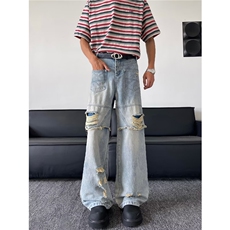 美式街头破洞牛仔裤男直筒宽松欧美高街vibe风长裤子N07834-P60，男装牛仔裤，星座308B-2