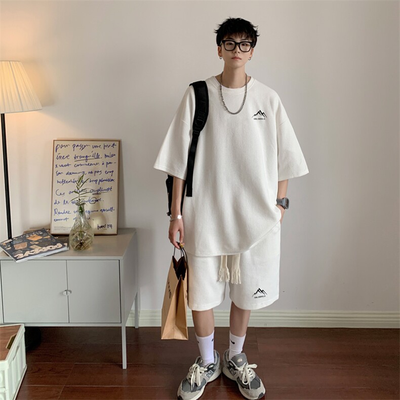 套装！华夫格套装男T恤短裤两件套大码港风TZ77-P50,男装休闲套装,电商B367