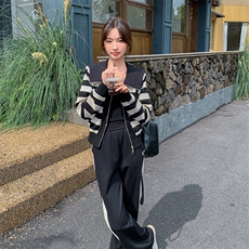 黑色条纹休闲运动套装女春秋2025新款盐系轻熟小个子阔腿裤两件套，女装套装/套裙，2C205