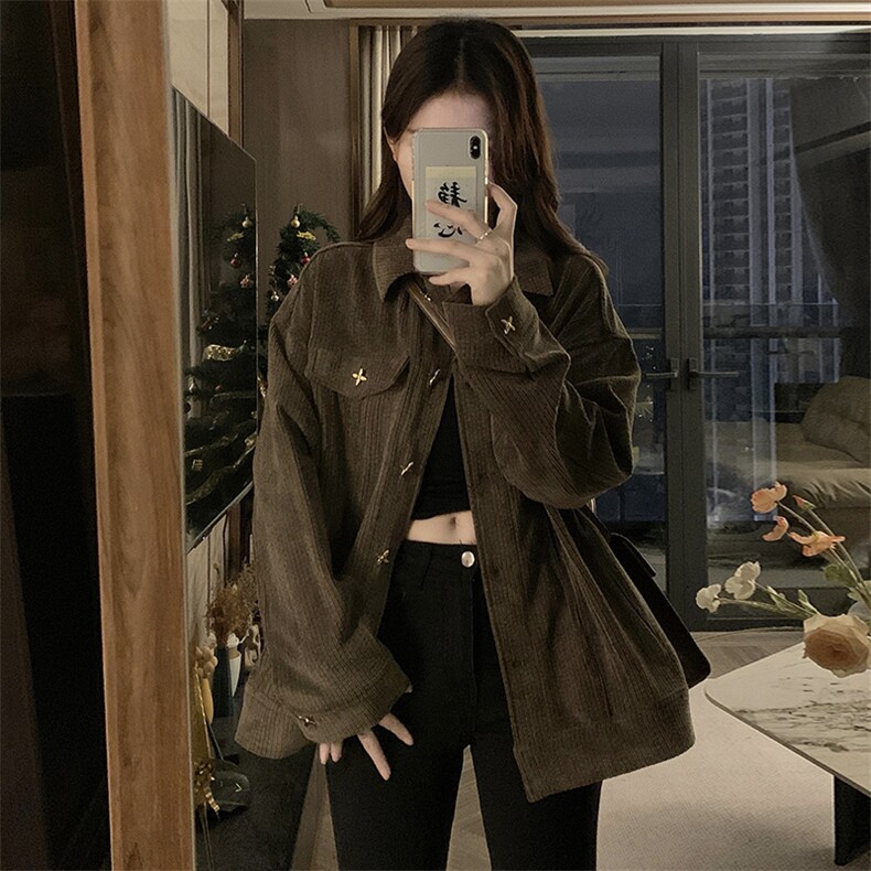 咖色灯芯绒2025新款外套新中式倾风女春秋美拉德夹克女C716-88图片