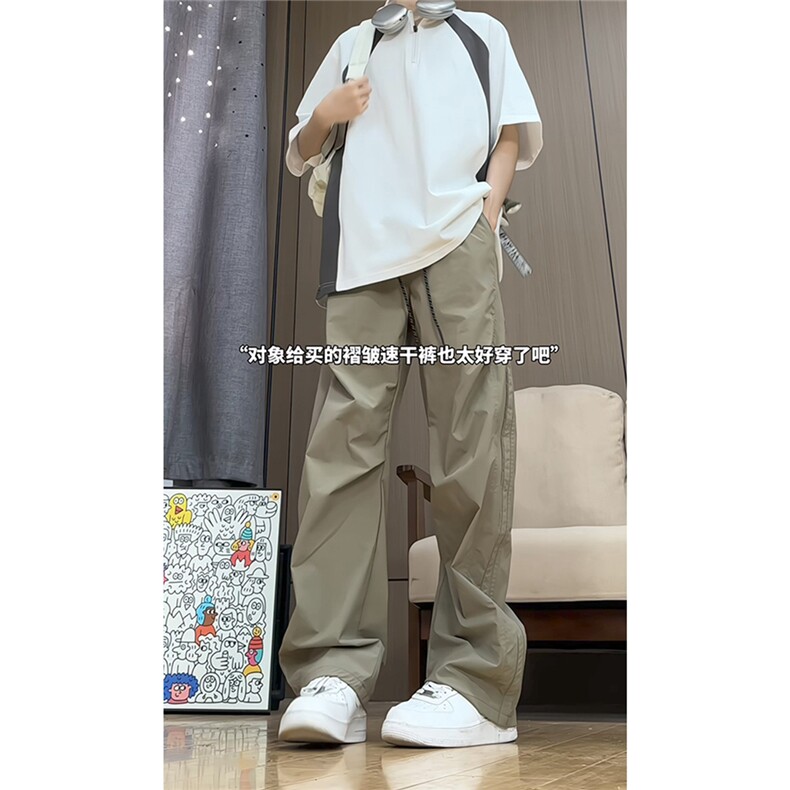 港风细格纹三杠织带褶皱设计大码M-5XL速干休闲裤CK78059P55控88图片