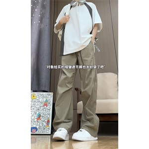 港风细格纹三杠织带褶皱设计大码M-5XL速干休闲裤CK78059P55控88图片