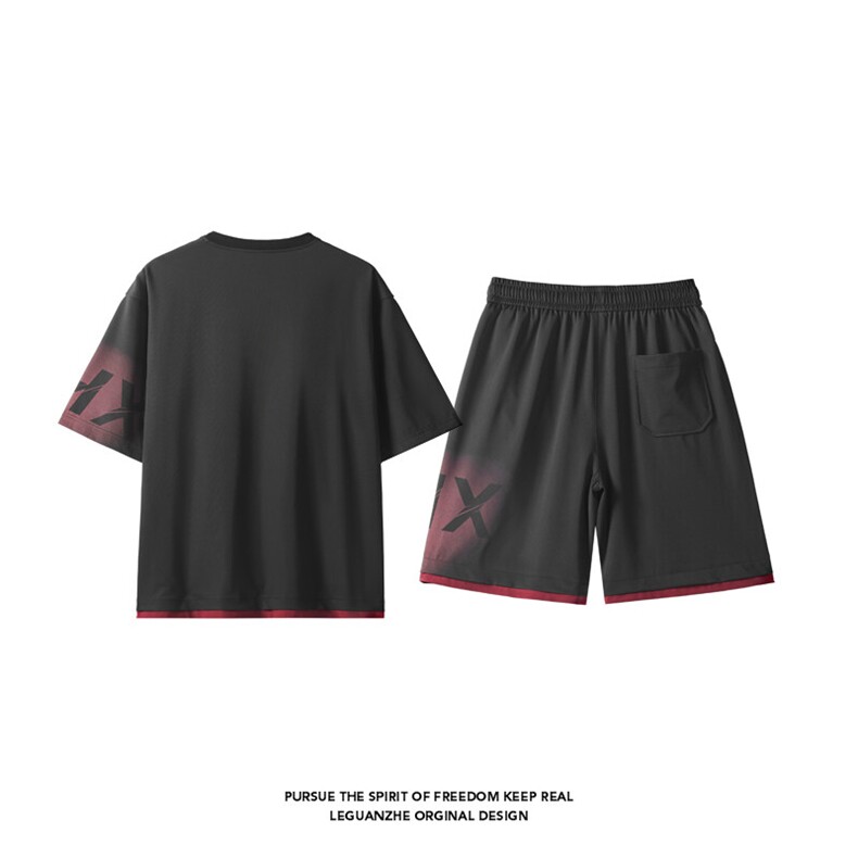 2025夏季新款港风白底大码假两件冰丝套装M-5XHQ25443-P65,男装休闲套装,电商A022