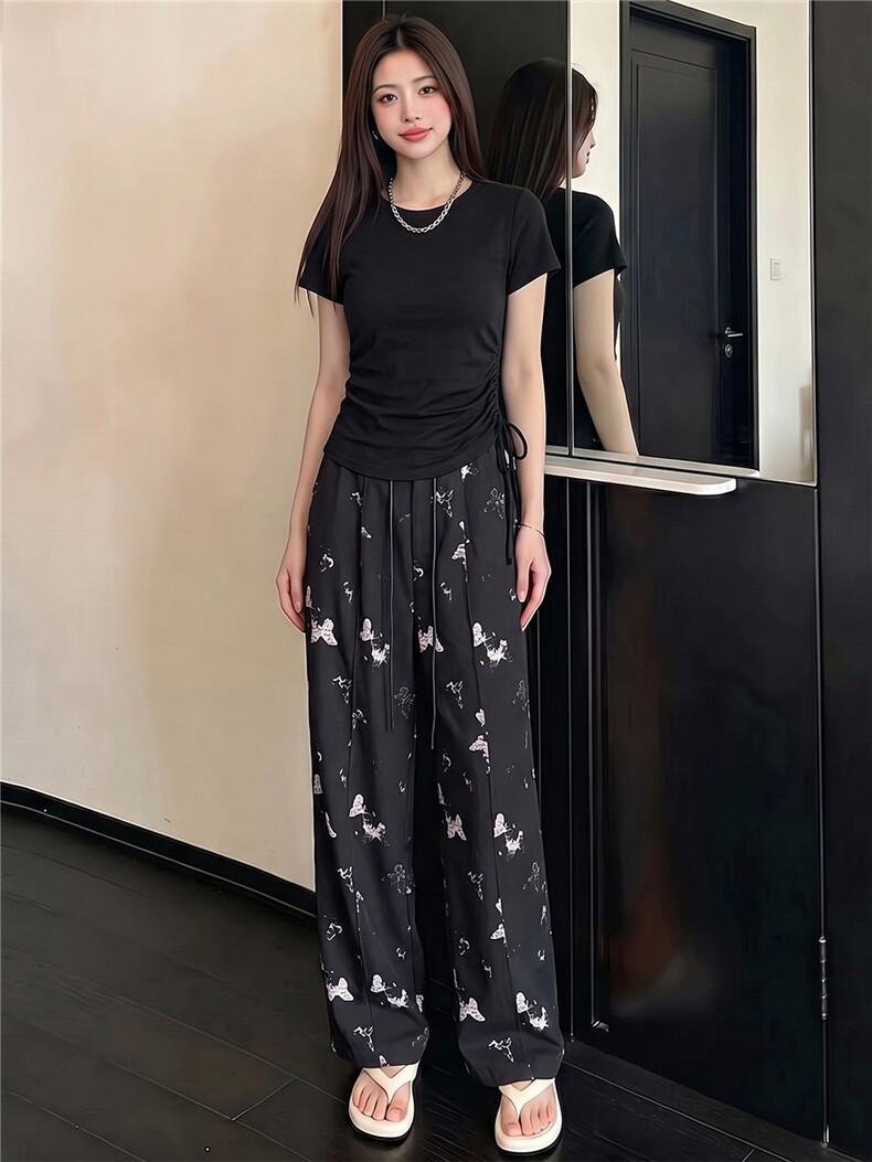 韩版休闲运动套装女夏季新款修身显瘦圆领短袖上衣印花长裤两件套,女装套装/套裙,江南