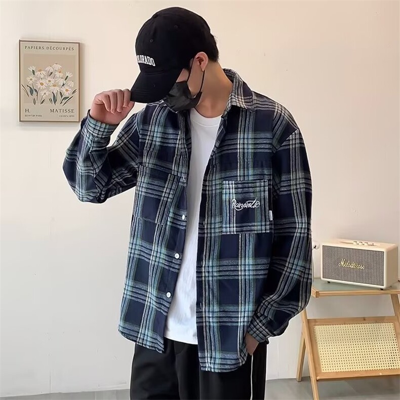 美式复古小众口袋格子衬衫长袖男潮牌休闲破坏毛边外套XC329/P38,男装衬衫,星座506