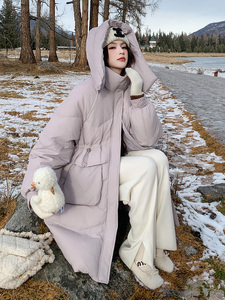 粉紫色50白鸭绒羽绒服女冬季新款学院风中长款保暖加厚面包服外套图片