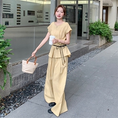 时尚休闲麻料套装女超好看2025年夏季新款飞飞袖上衣阔腿裤两件套，女装套装/套裙，2C301