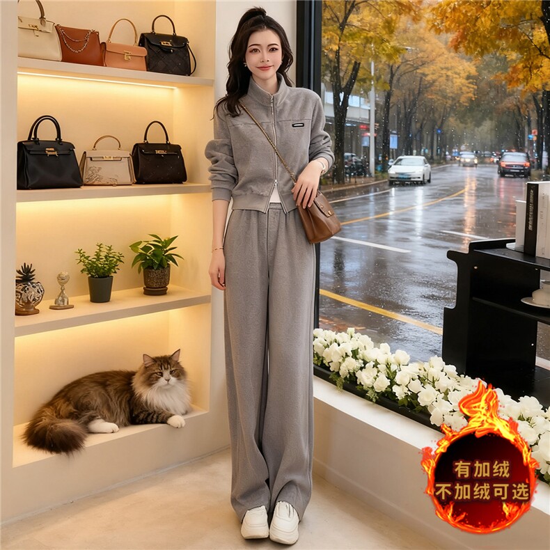 休闲运动套装女秋冬款韩版宽松显瘦双头拉链开衫外套阔腿裤两件套,女装套装/套裙,2C310