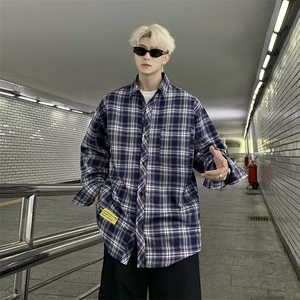 港风大码美式复古贴袋格子翻领长袖衬衫男 XZ213-CS8805-P55控68图片