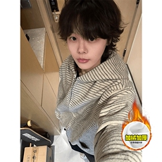 480G重磅加绒硬挺boxy男女秋冬美式高街条纹毛呢卫衣开衫厚外套，女装短外套，电商A486