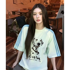 抖音得物品质二开240克宽松纯棉美式潮牌印花三条杠中性风短袖T恤，男装T恤，电商A486-1