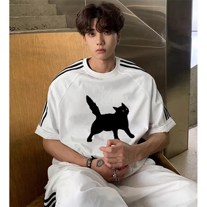 抖音得物高品质二开240克宽松纯棉美式潮牌三条杠织带短袖T恤图片