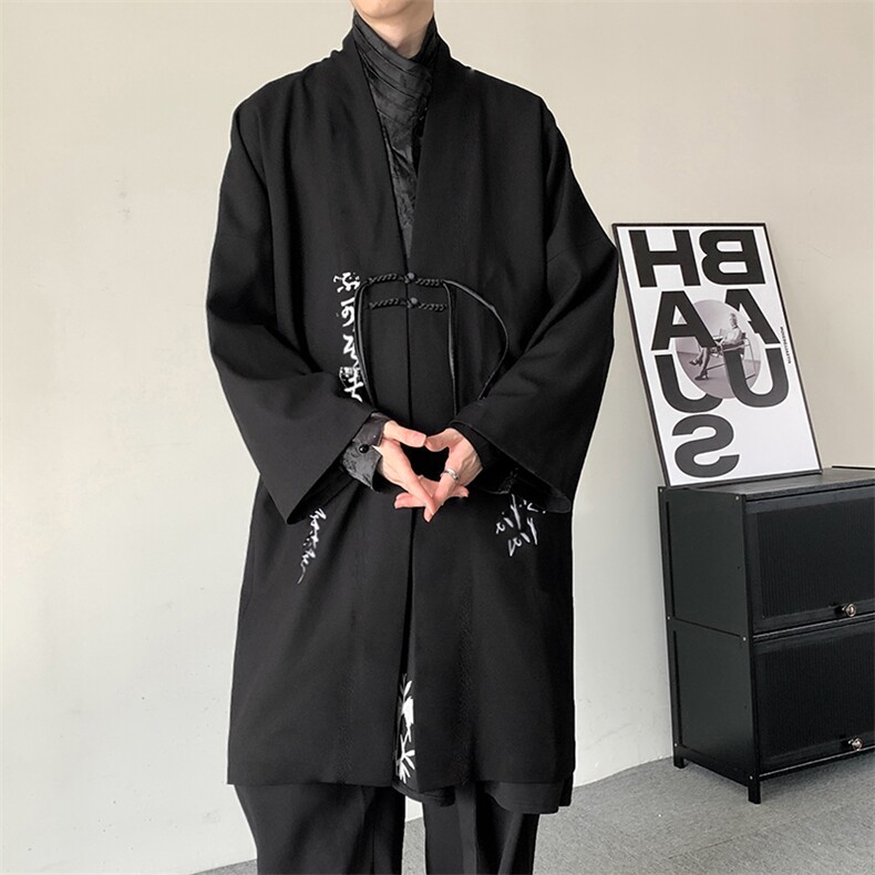 新风潮书法刺绣风衣新中式汉元素长款改良汉服开衫褙子外套,男装风衣,星座909