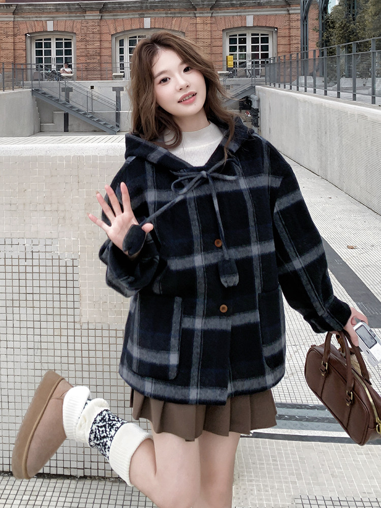 格子连帽双面呢羊毛大衣女冬小个子宽松短款毛呢外套,女装毛呢外套,浙宝099