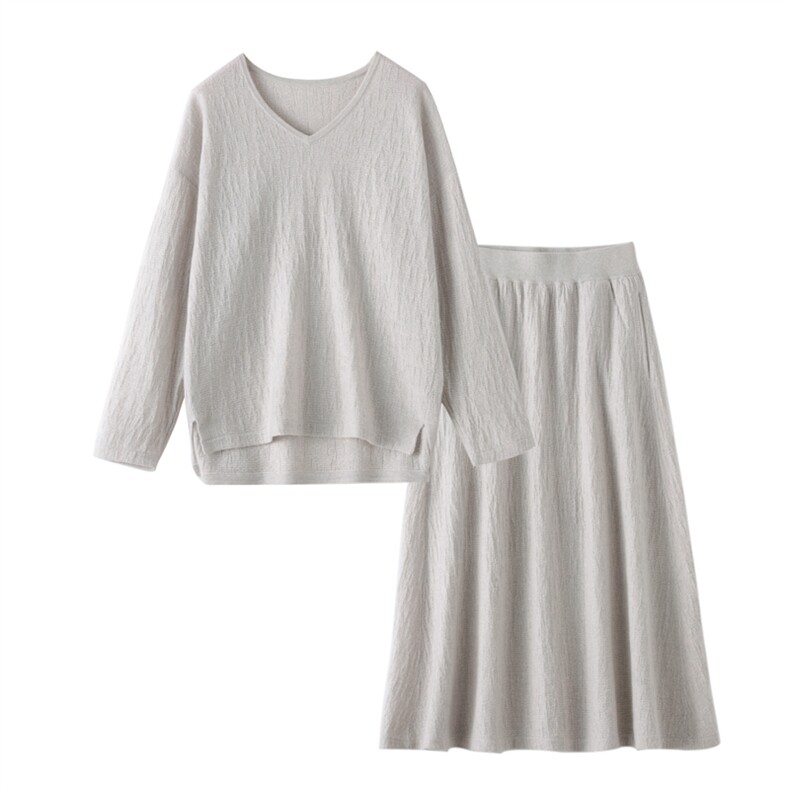 套装纯色V领套头毛衣宽松大码针织半身裙加厚两件套，女装连体裤，格祥羊绒