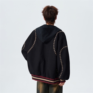 宽松复古明线刺绣连帽假两件棒球服春季百搭夹克XZ309 JK8006 P95图片