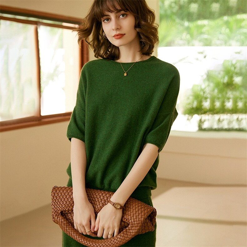 2025春秋新款羊绒衫女100纯山羊绒半袖圆领针织套衫舒适宽松上衣，女装羊绒衫，绒歆坊