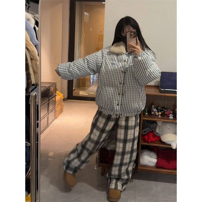 韩版复古条纹翻领棉服外套女学生冬季美式加厚简约保暖面包服棉衣,男装棉衣,星座506A