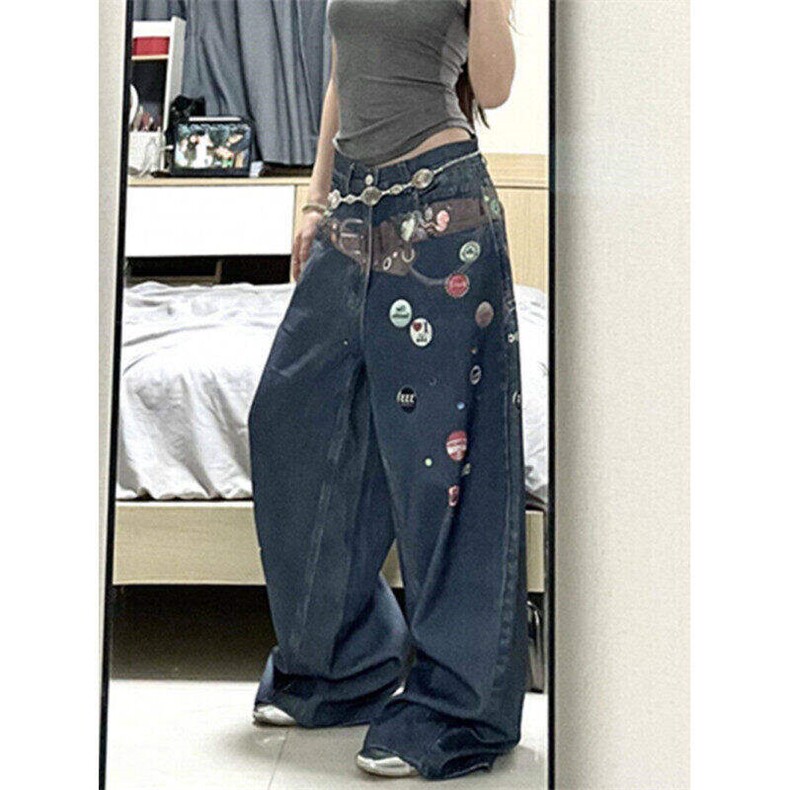 设计感趣味印花腰带阔腿牛仔裤女美式宽松直筒拖地裤LN12322-p68,男装牛仔裤,星座1008