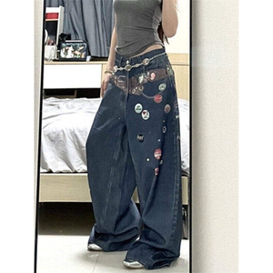 设计感趣味印花腰带阔腿牛仔裤女美式宽松直筒拖地裤LN12322-p68图片