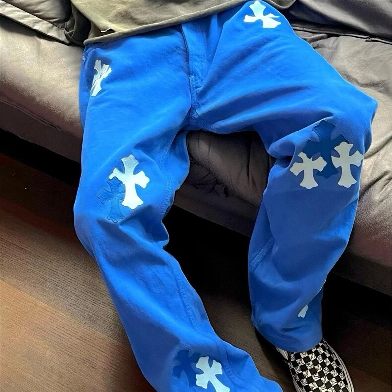 潮牌时尚潮流微喇冰洗直筒牛仔裤十字架贴皮宽松阔腿长裤-网图，男装皮裤，星座302B-2