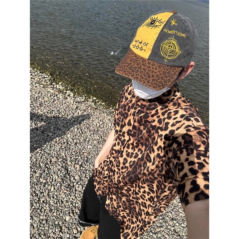 复古豹纹短袖衬衫男女夏季宽松垂感痞帅设计感薄款衬衣CS15图片