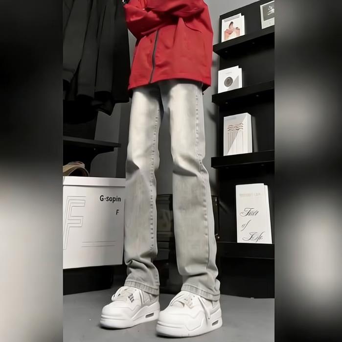 窄版直筒牛仔裤男美式高街微喇加长高个子修身灰色Z742 P38图片