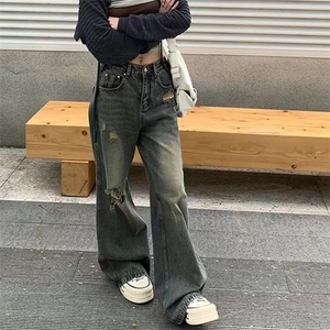 新中式复古破洞直筒牛仔裤女春秋季新款小个子高腰阔腿乞丐裤子潮图片