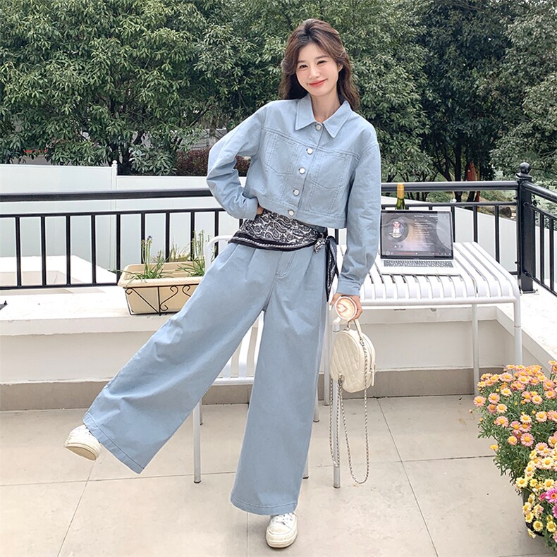 水洗牛仔上衣+阔腿牛仔裤配丝巾三件套2C050-1239-P195-K288,女装套装/套裙,2C050