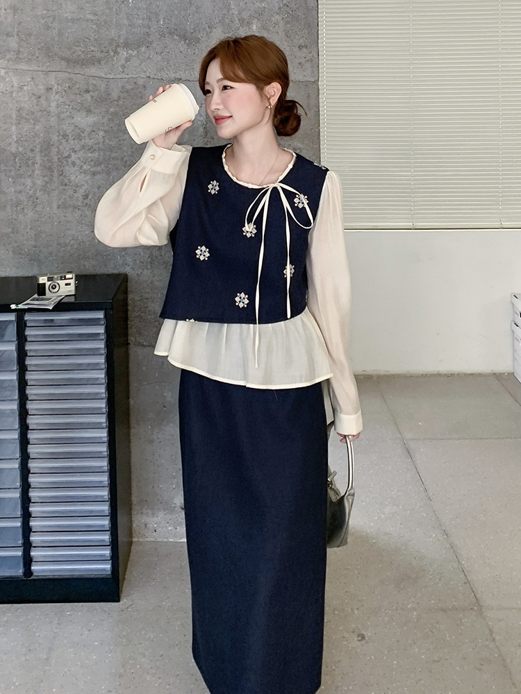 温柔系穿搭假两件小衫套装女秋季2025新款高级感显瘦半身裙两件套,女装套装/套裙,浙宝192（原082）