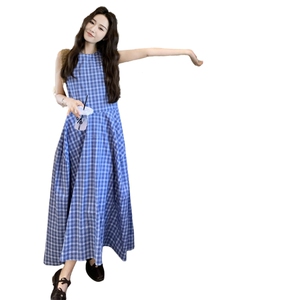 慵懒风蓝色格子背心连衣裙女2025夏季新款设计感小众宽松及踝长裙图片