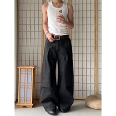 203-6-F5119P58特原版黑色条纹打褶阔腿原牛水洗弯刀牛仔裤，男装牛仔裤，星座203-6(原电商259)