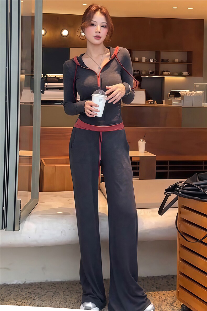 慵懒风一整套穿搭女春季时尚休闲撞色拼接长袖上衣阔腿长裤两件套,女装套装/套裙,江南
