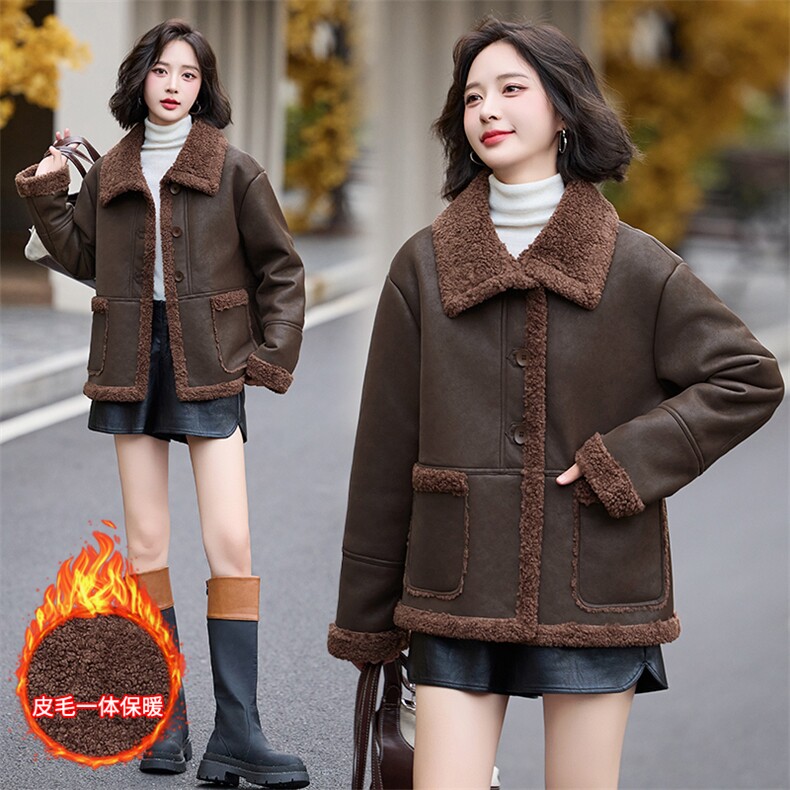 皮毛一体羊羔毛外套女短款2024新款秋冬季加绒机车服加厚皮夹克,女装羊羔毛/颗粒绒,跑量工厂店