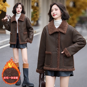 皮毛一体羊羔毛外套女短款2024新款秋冬季加绒机车服加厚皮夹克图片