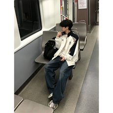 撞色拼接条纹夹克2025外套男女秋季翻领情侣拉链开衫，男装夹克，四季星座505