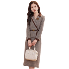 毛呢加厚假两件连衣裙2024春装新款时尚潮流简约气质优雅连衣裙，女装连衣裙，米雪儿