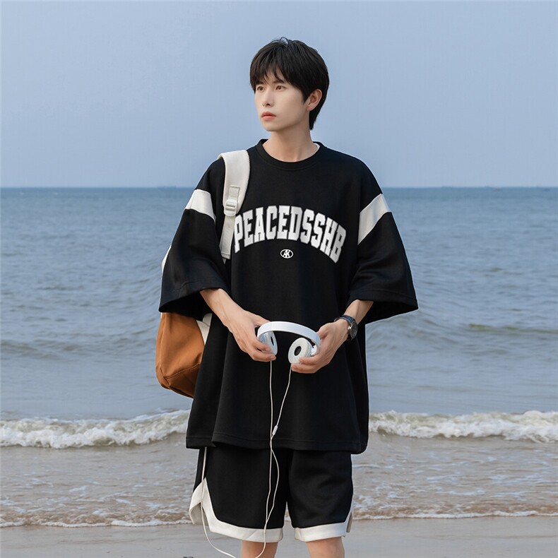 24夏季宽松280g珠地拼色套装情侣短袖短裤TZ1165P65控88,男装休闲套装,电商A247