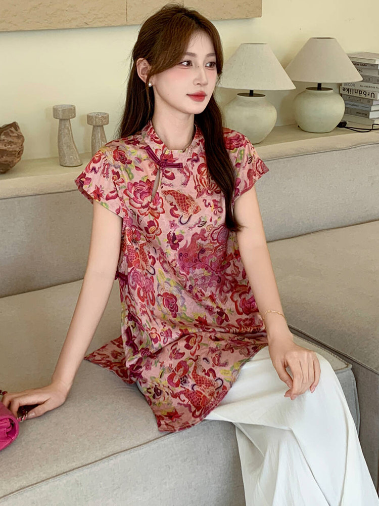 新中式g风套装女2026夏季流行复古印花盘扣旗袍上衣阔腿裤两件套,女装套装/套裙,超帛