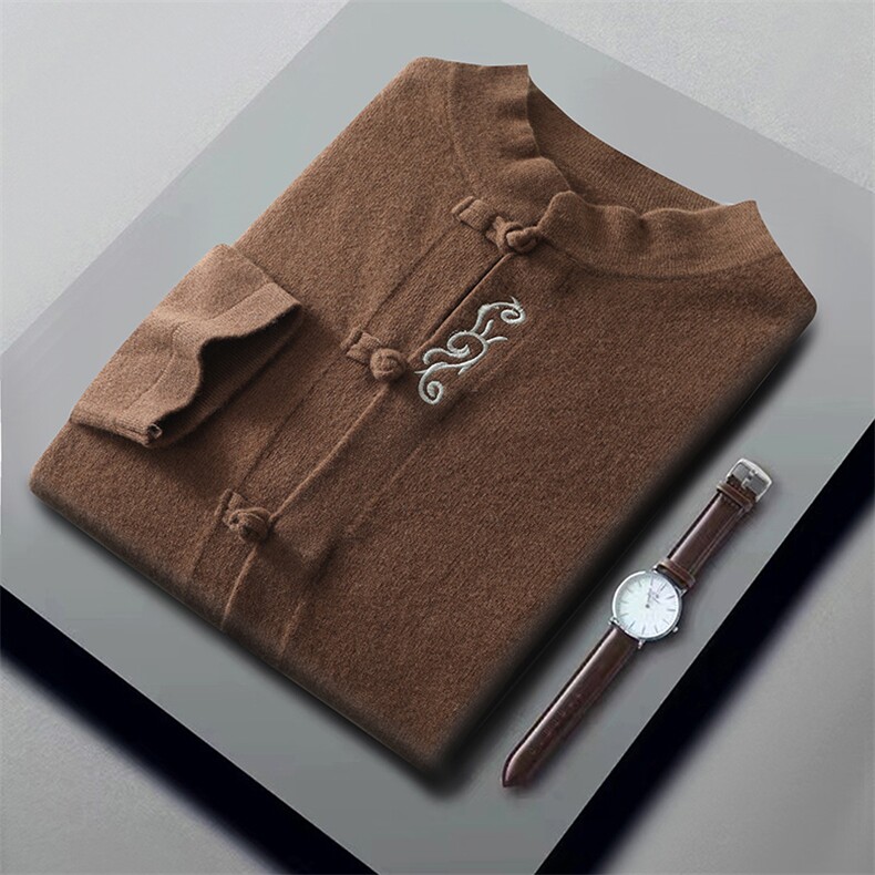 2024秋季男士新款复古盘扣刺绣羊毛打底开衫，男装羊毛衫，江杉羊绒