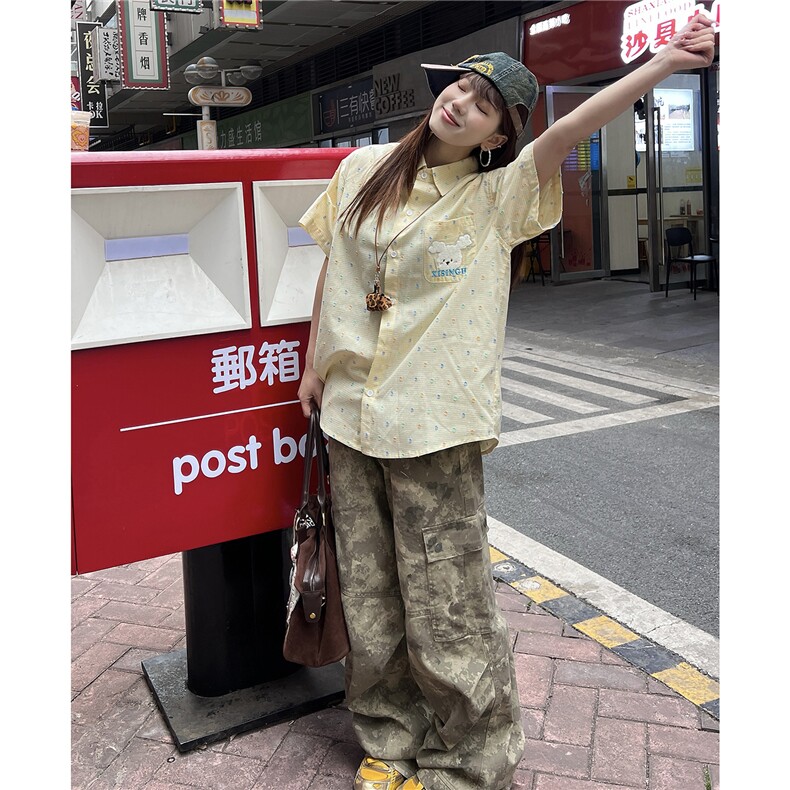 CEDY潮牌可爱趣味小兔短袖衬衫男女宽松慵懒风设计感vintage衬衣,男装衬衫,星座1210-1