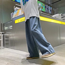 日系复古阔腿牛仔裤男春秋潮牌ins宽松直筒设计感小众拖地长裤子，男装牛仔裤，星座601-2