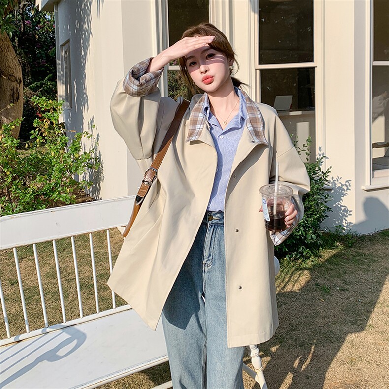 格子拼接风衣外套女春秋2025新款小个子休闲百搭显瘦大衣超火减龄,女装风衣,浙宝A馆126